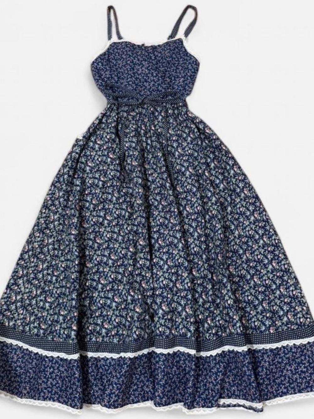 Vintage Gunne Sax by Jessica Navy Calico Praire Dress Corset Tie 1970s - Picture 2 of 12